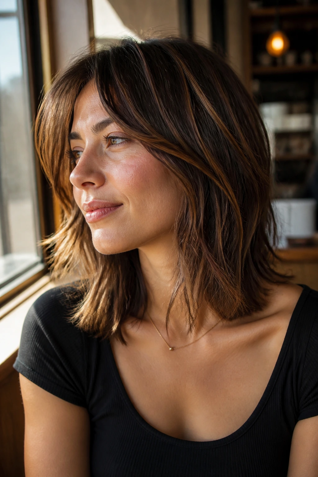 Brunette with collarbone-length shag and chestnut lowlights in cafe window light