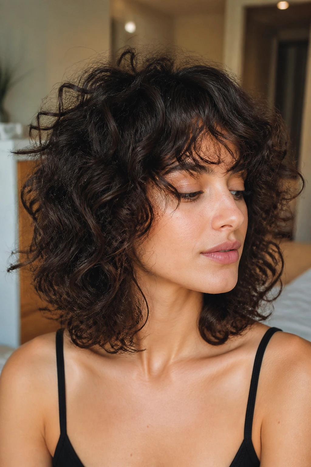 Close-up of collarbone-length curly shag on a real woman