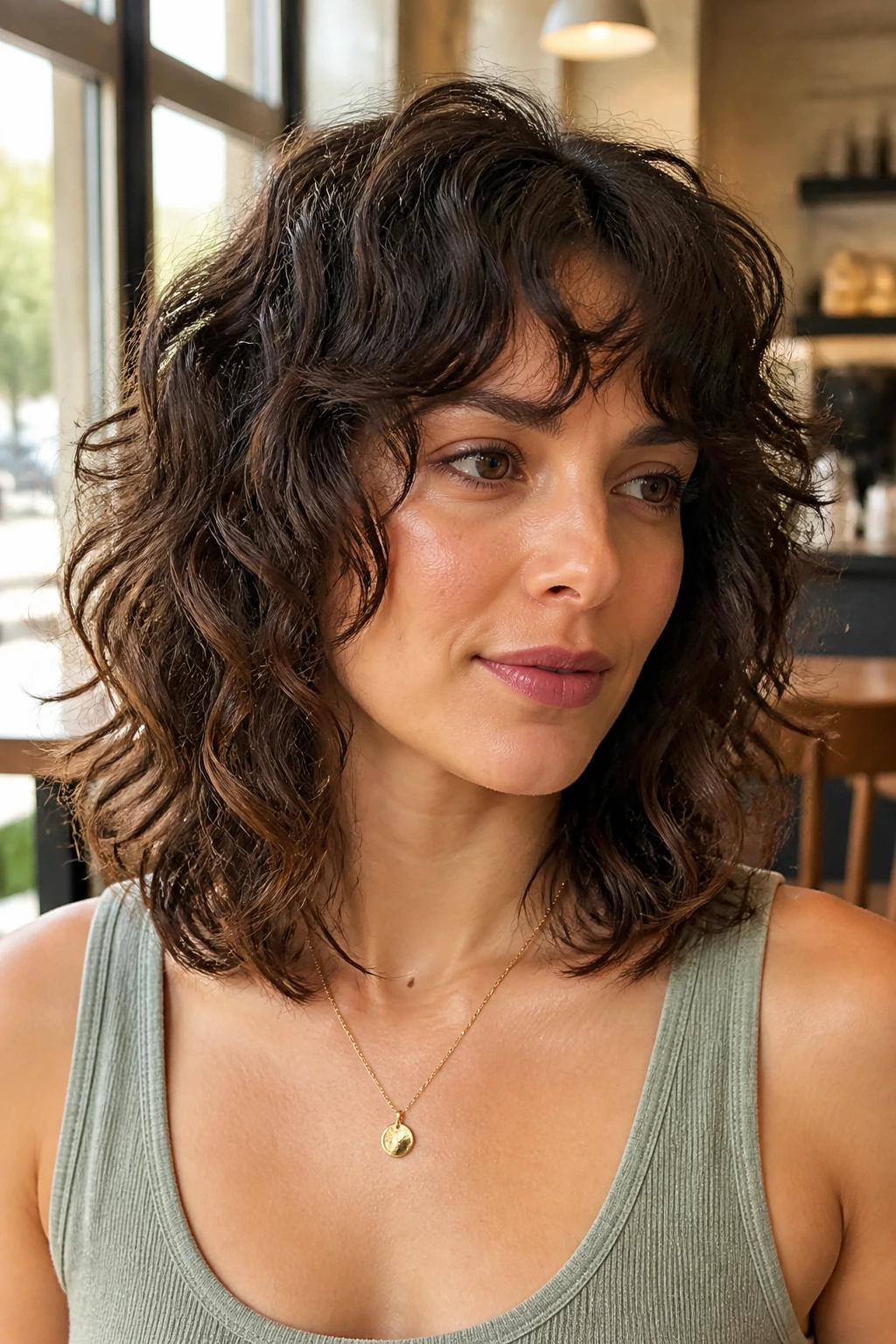 Close-up portrait of a real woman with collarbone-length curly shag