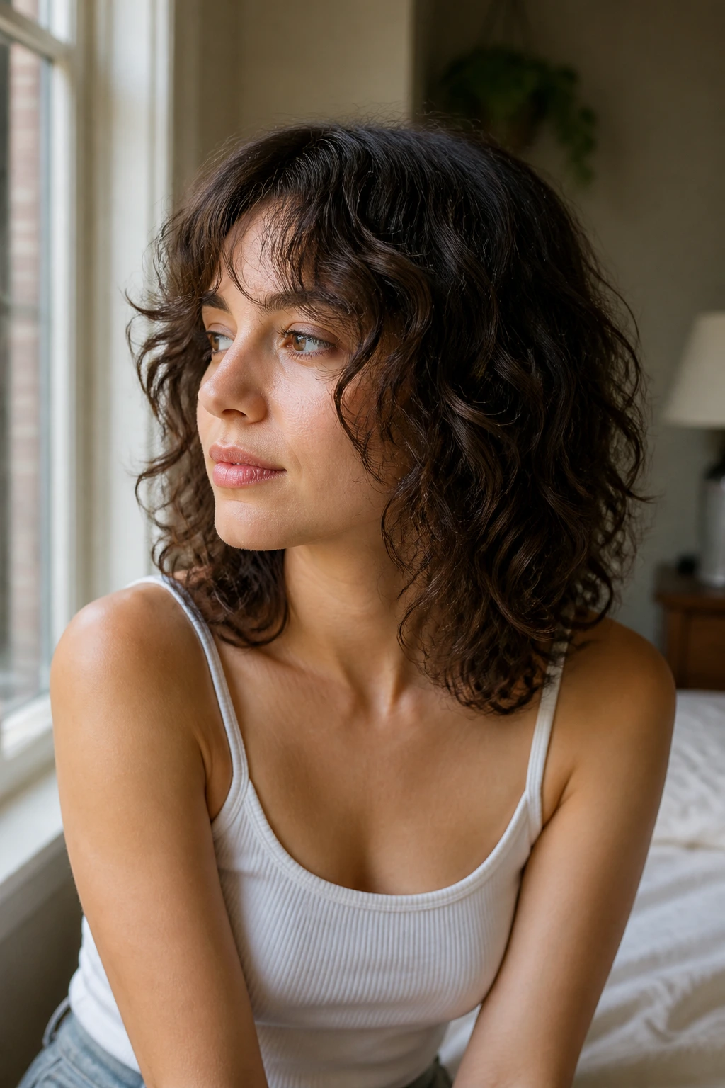 Medium close-up of collarbone-length curls with curtain bangs by a window