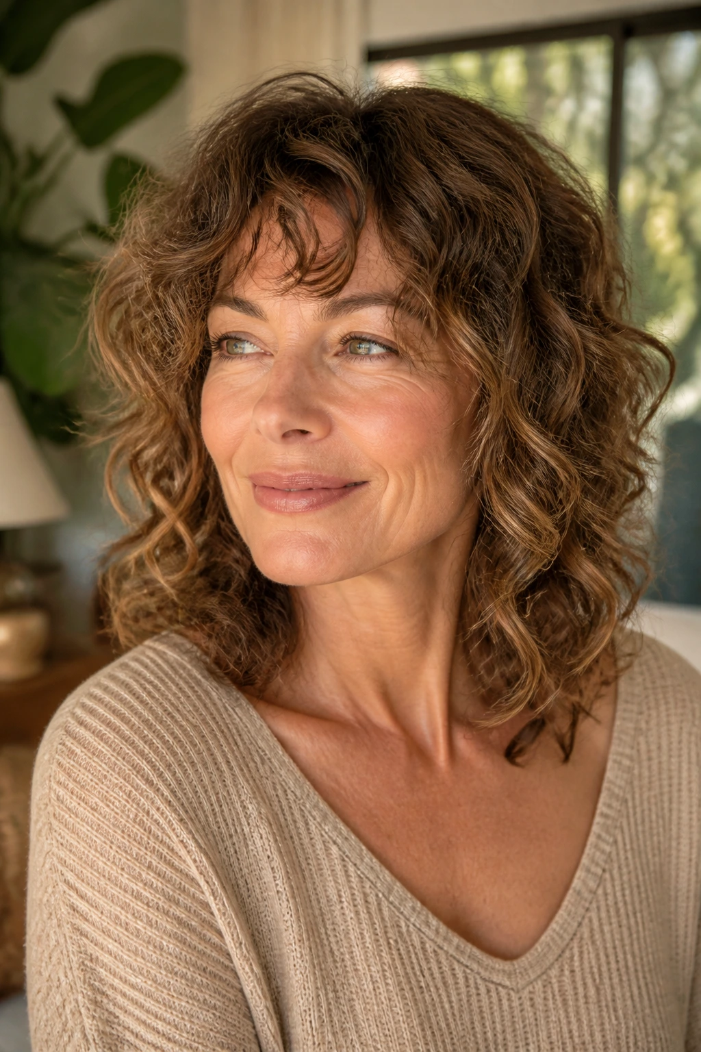Close-up portrait of a woman with soft collarbone-length curly shag