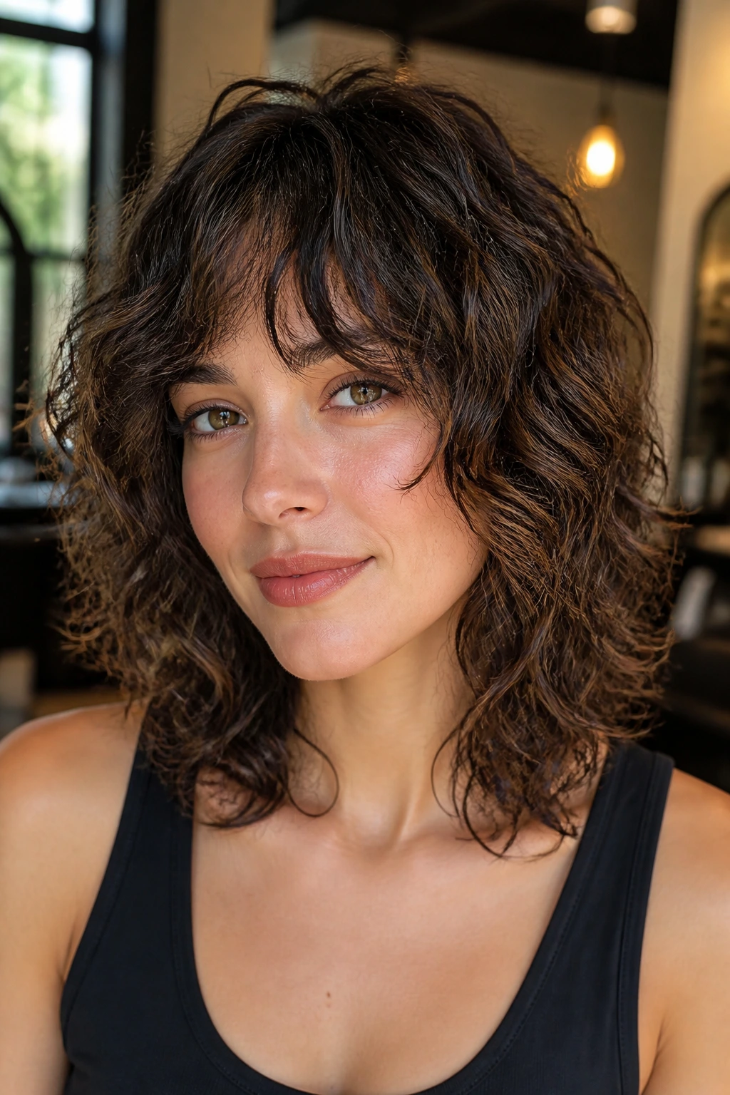Real woman portrait with collarbone-length curly shag and curtain bangs
