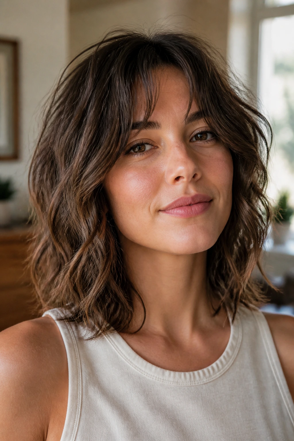 Real woman with collarbone shag and curtain bangs close-up portrait