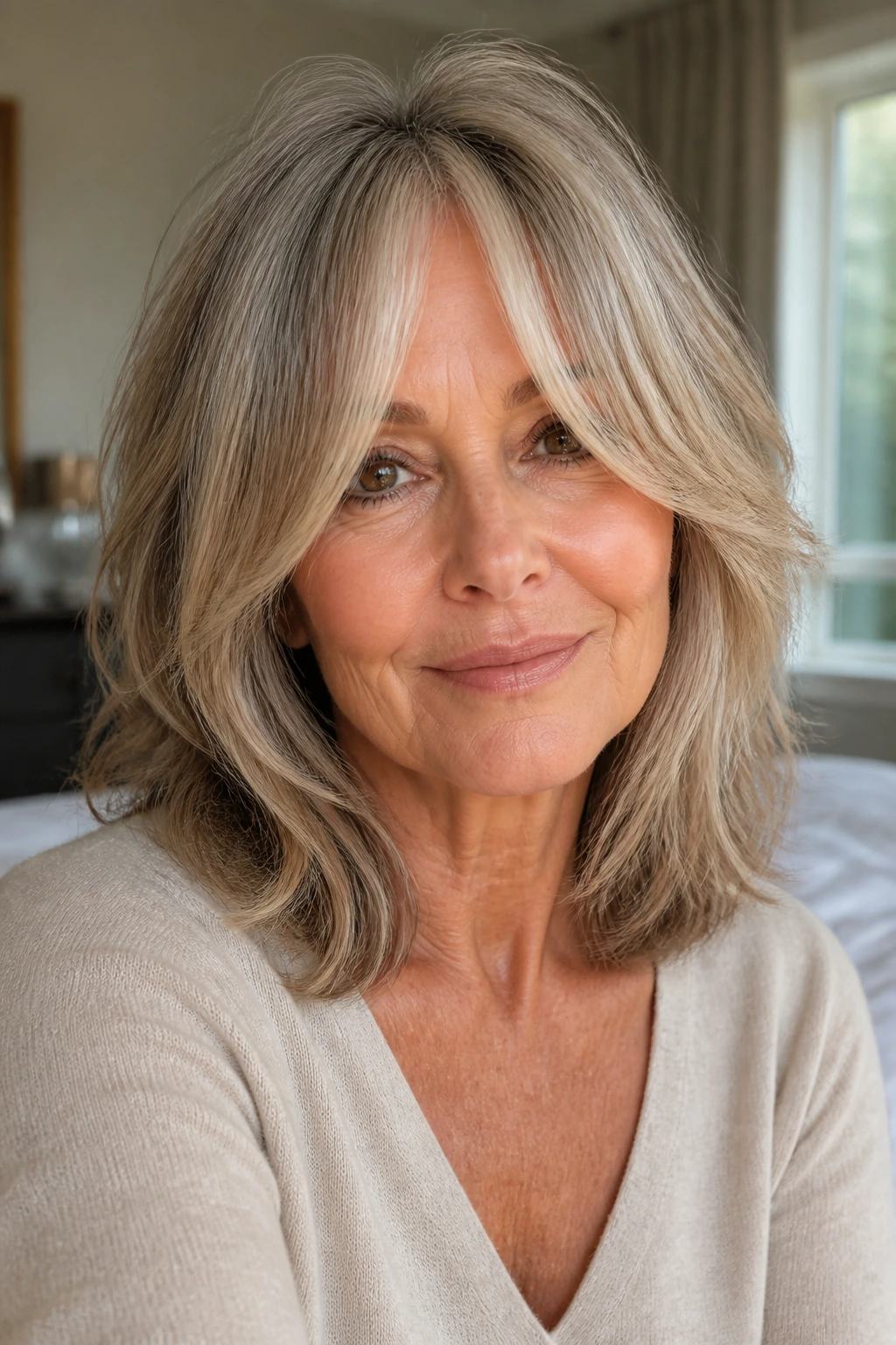 Medium close-up of collarbone-length shag with curtain bangs framing the face