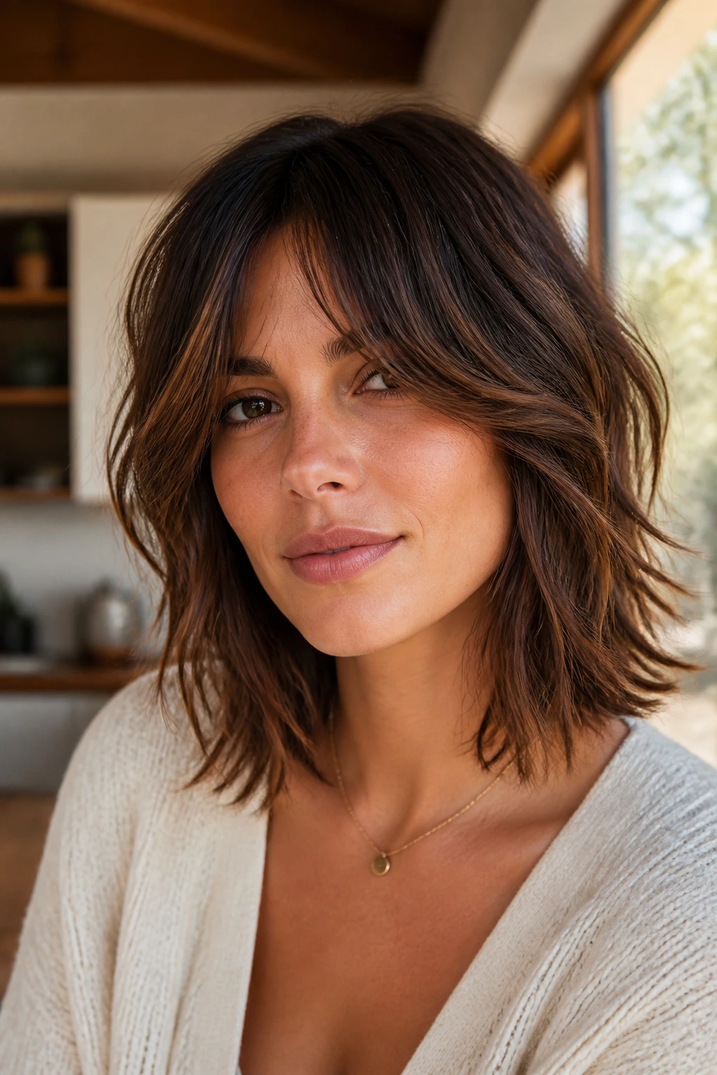 Medium close-up of a real person with collarbone-length shag and curtain bangs in a home setting
