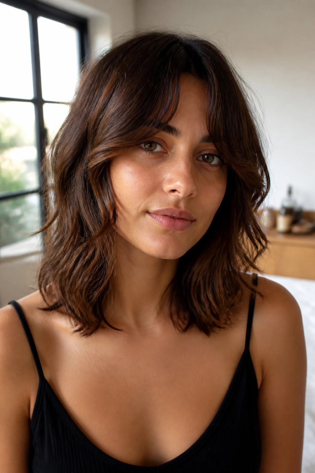 Real woman with collarbone-length shag and curtain bangs in soft window light