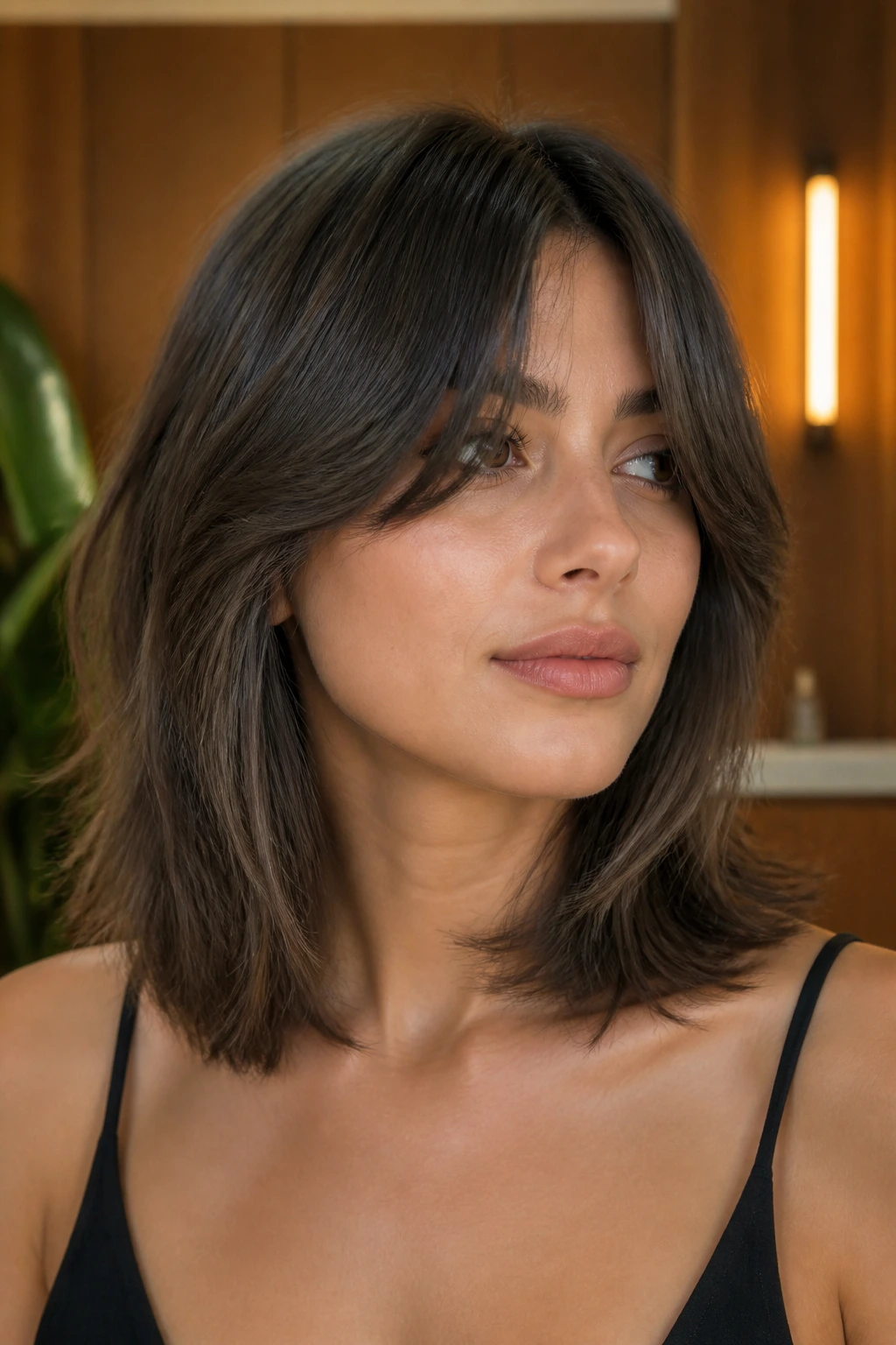 Collarbone-length shag with curtain bangs close-up
