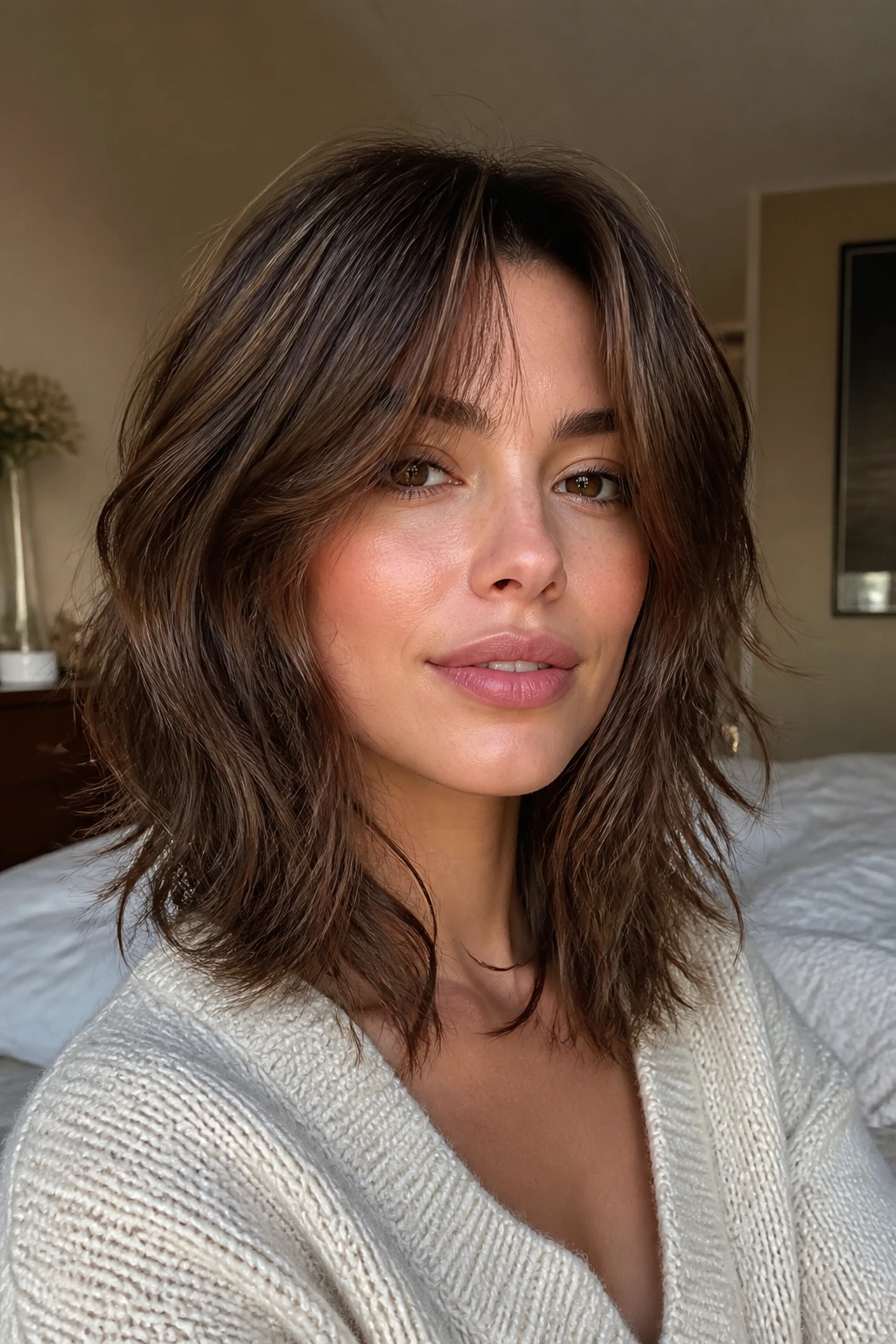 Close-up portrait of a real woman with collarbone-length shag and curtain bangs in warm natural light