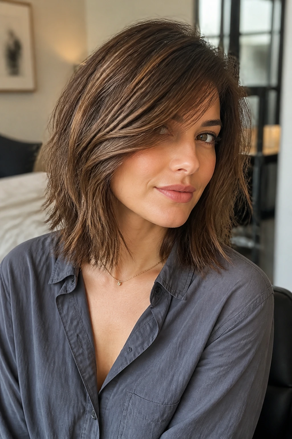 Close-up portrait of a person with collarbone-length shag and deep side sweep