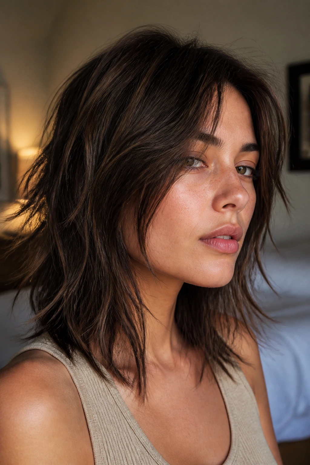 Portrait of a real person with collarbone-length shag and broken ends in warm light