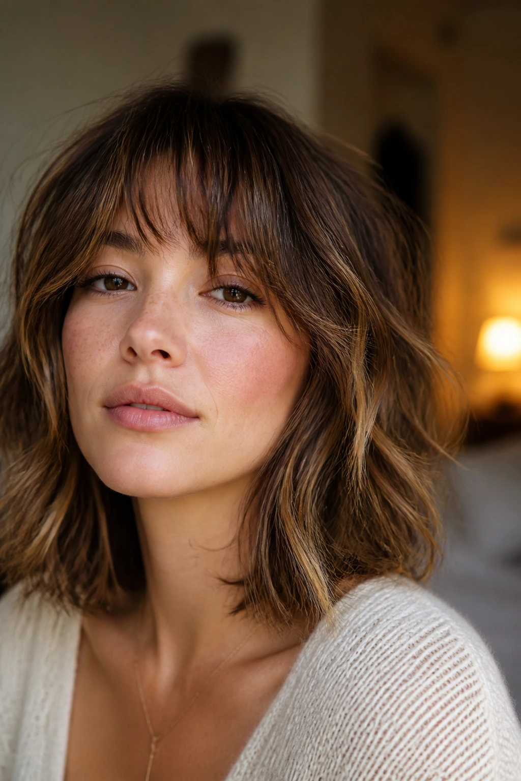 Close-up portrait of a real woman with collarbone shag and eyelash bangs