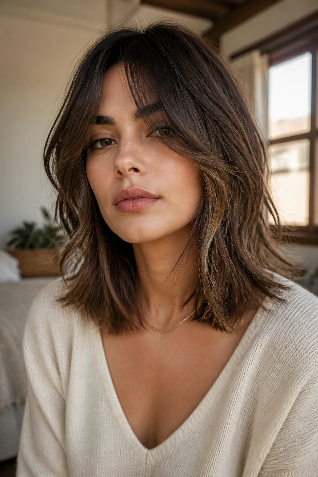 Medium close-up of a real person with collarbone-length shag and face layers