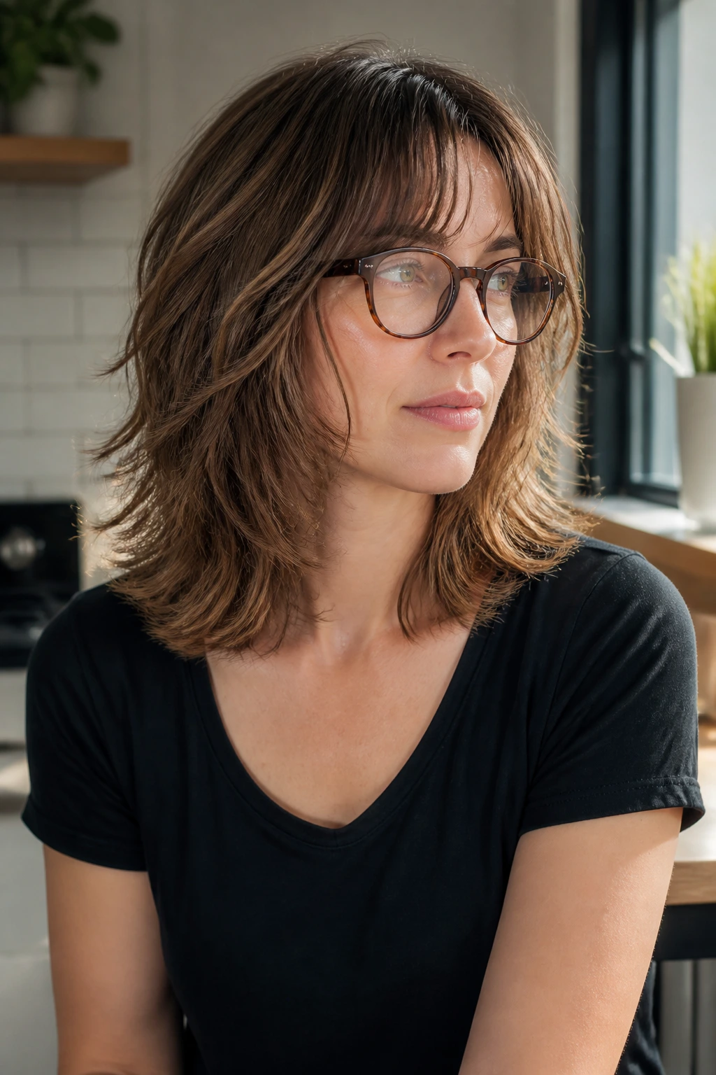 Real woman with collarbone-length shag and feathered ends wearing glasses