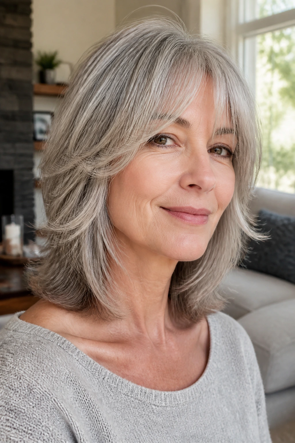 Portrait of a woman with collarbone-length feathered shag and silver hair