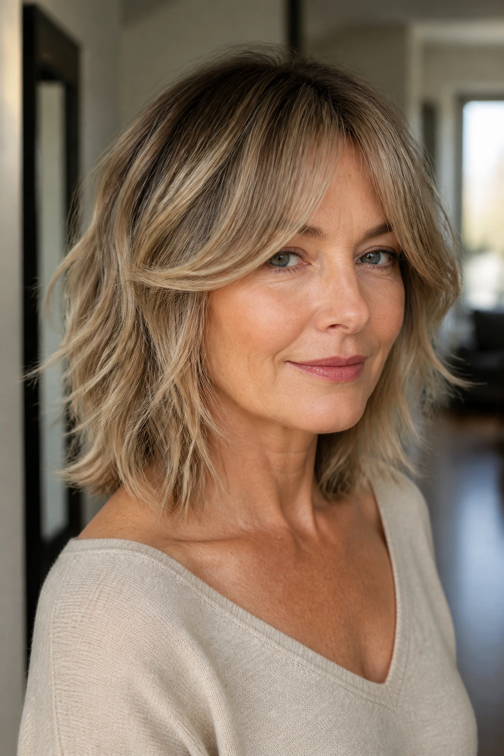 Portrait of a woman with collarbone-length shag and curtain fringe