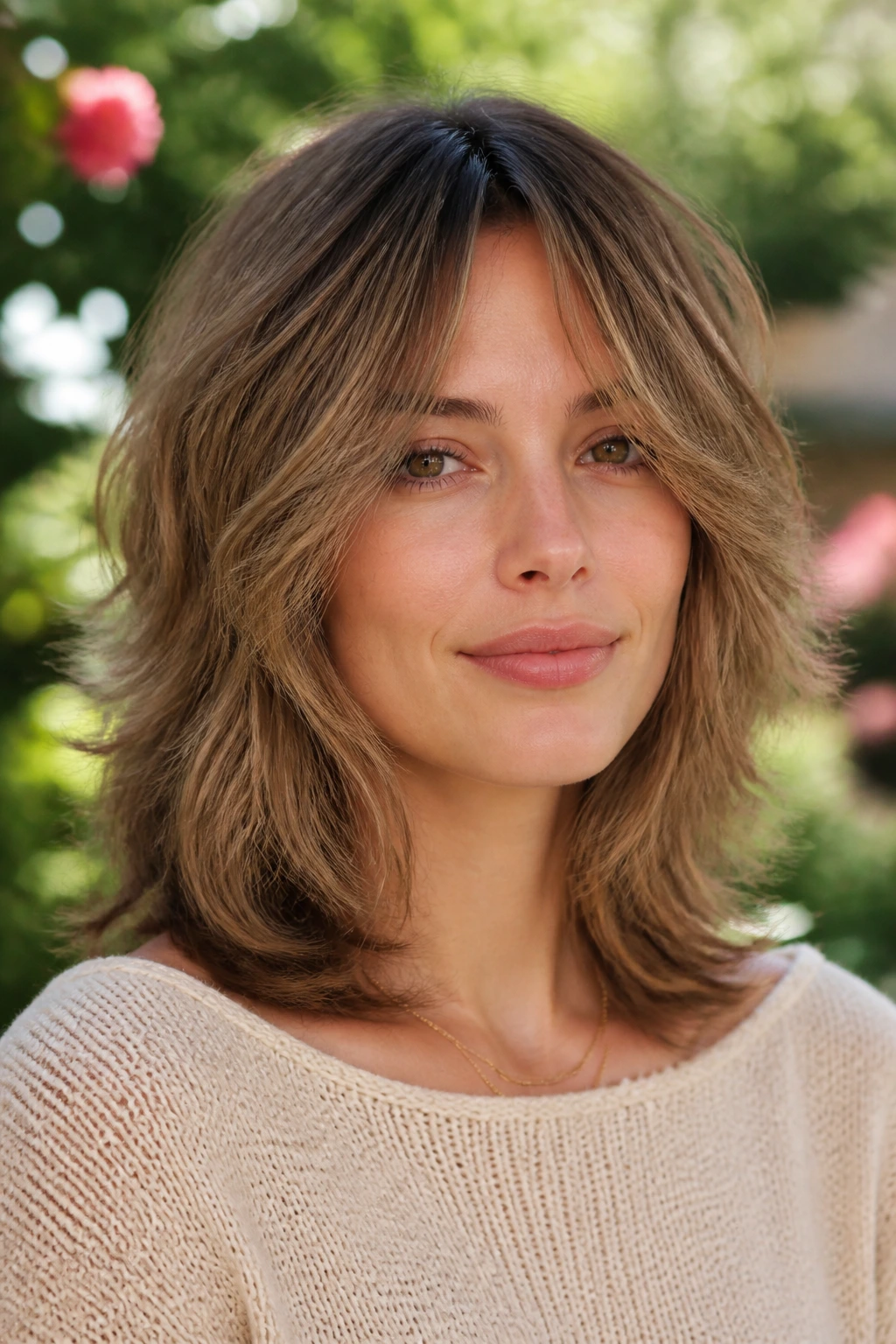 Close-up portrait of a real person with collarbone-length shag and airy curtain fringe around the cheeks