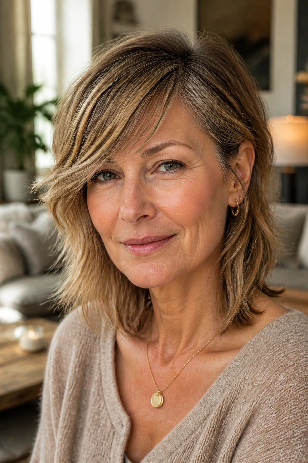 Real woman with collarbone-length shag and side-swept fringe in warm indoor light
