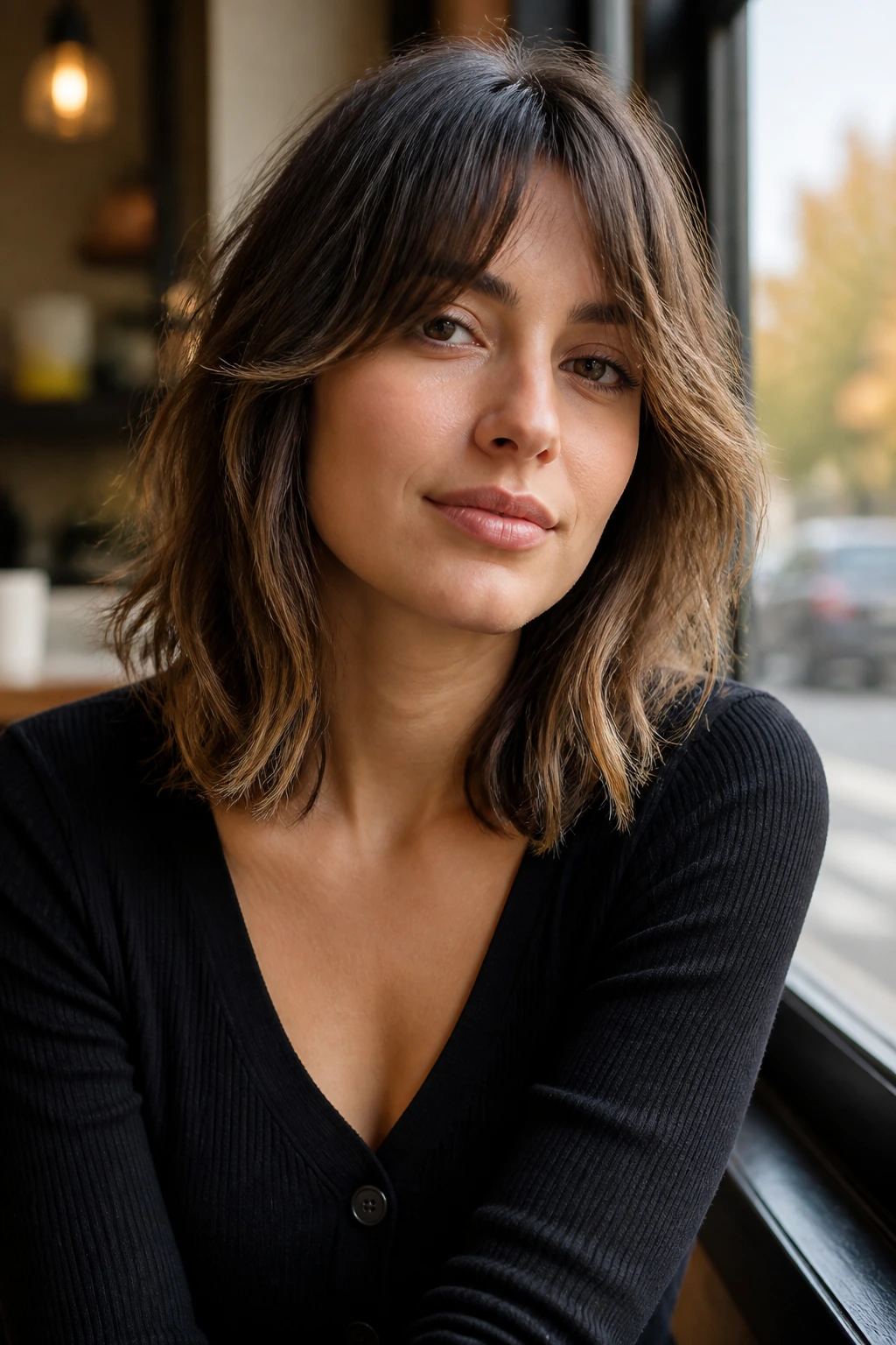 Portrait of a real woman with collarbone-length shag and soft fringe