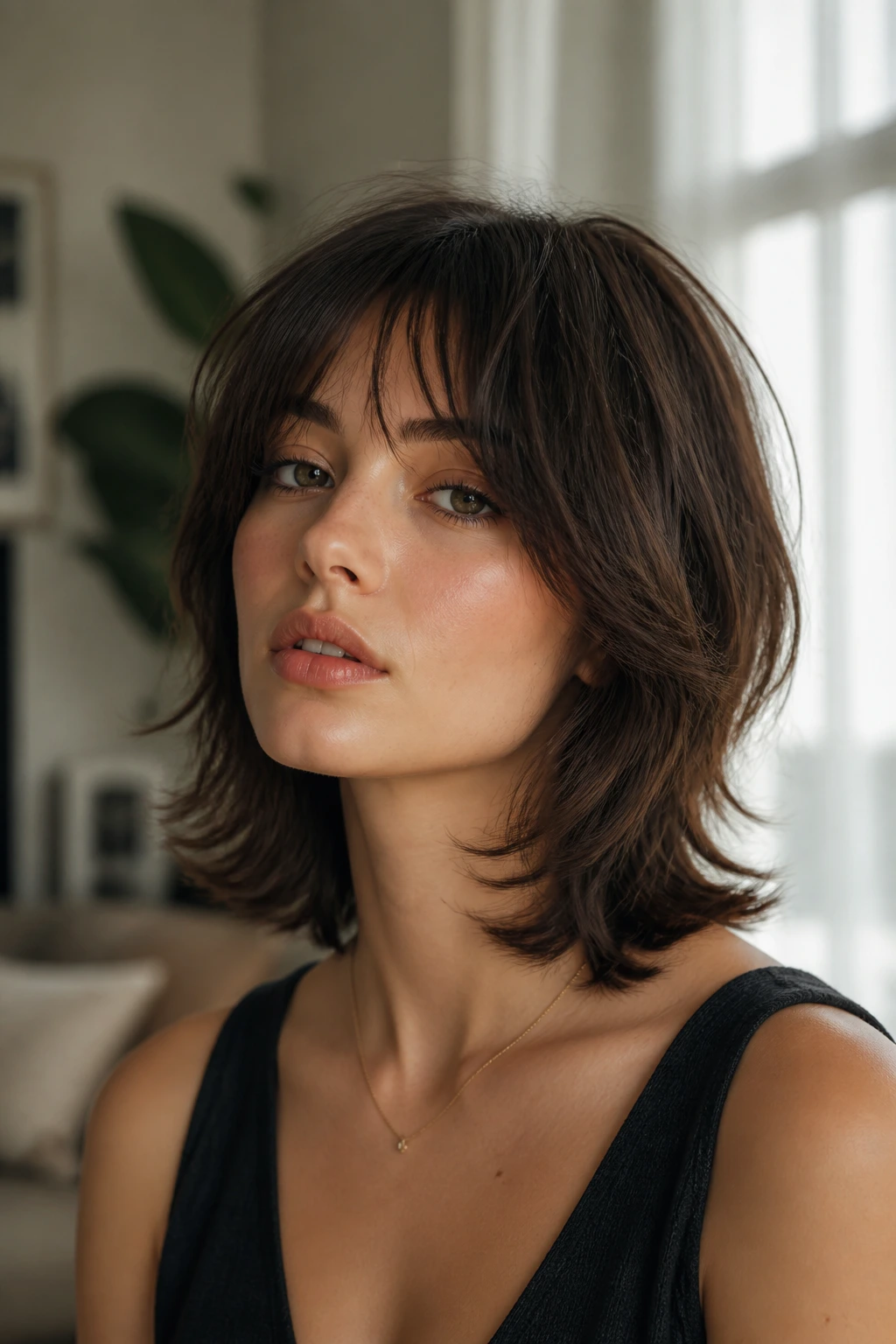 Close-up portrait of a real person with collarbone-length shag and hidden layers