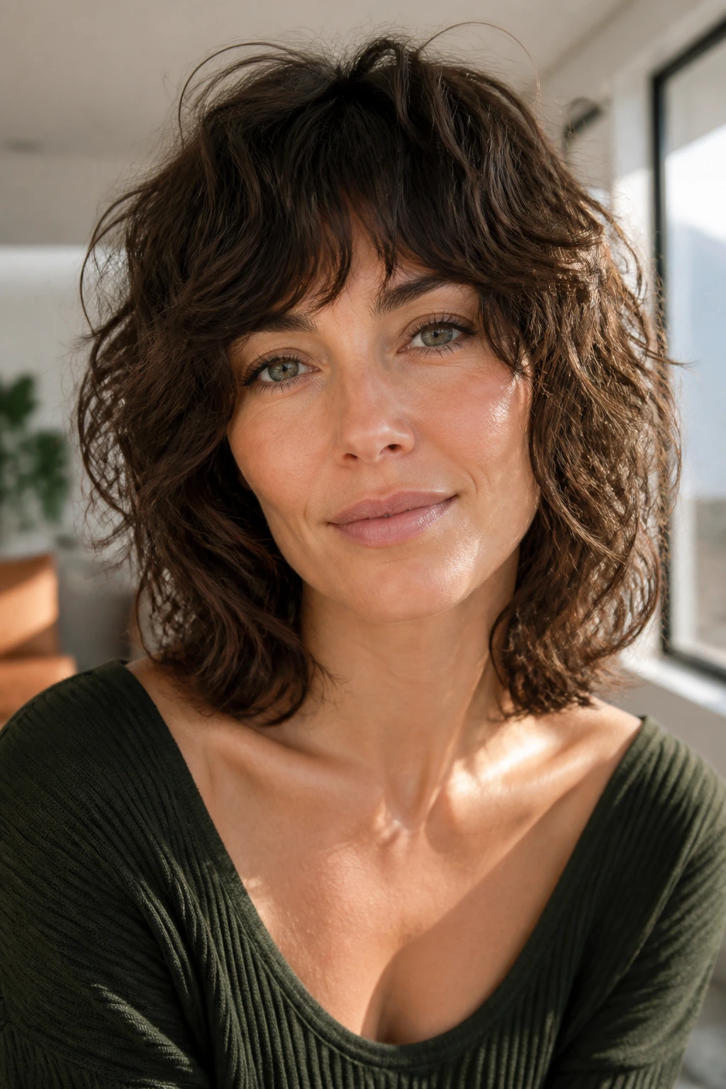 Close-up of a real woman with collarbone shag and invisible layers