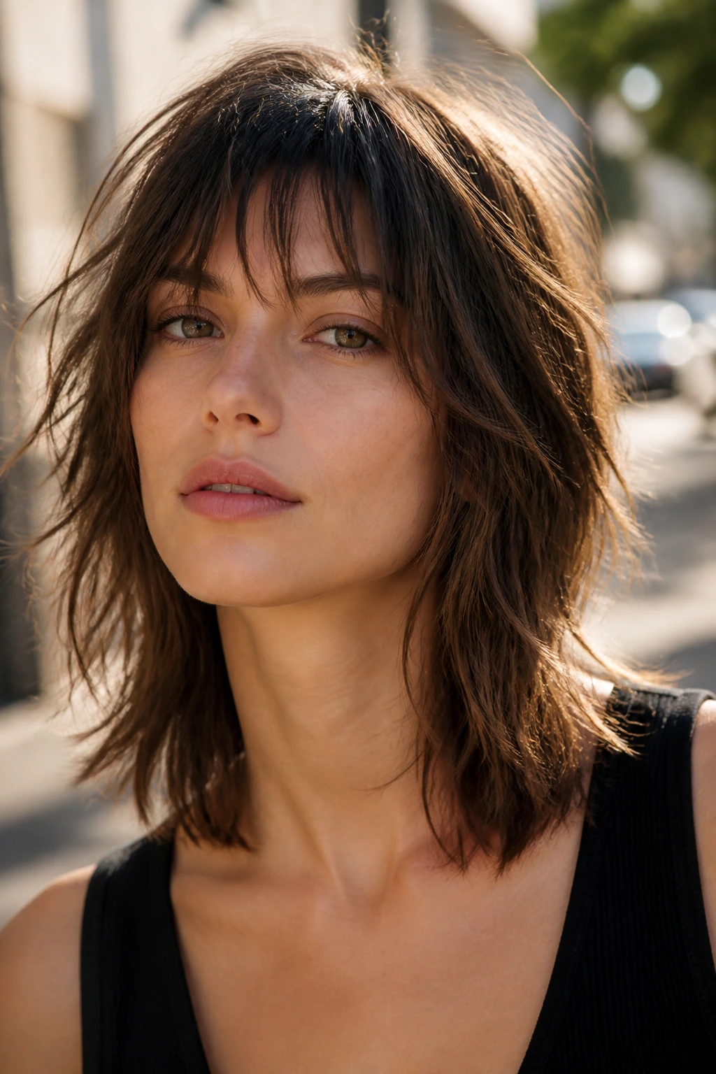 Close-up portrait of a real woman with Collarbone Shag and jagged fringe in sunlight