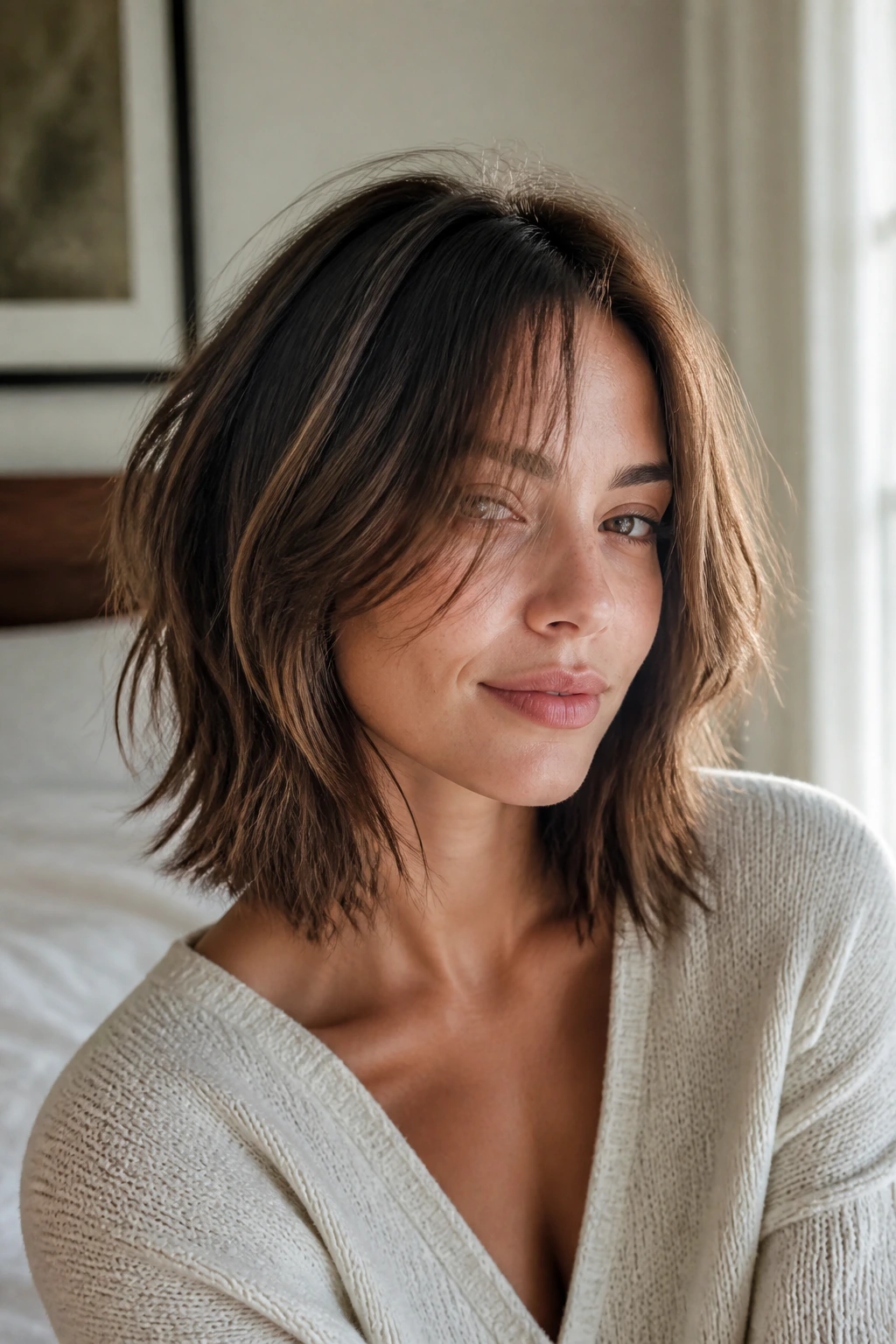 Portrait of a real woman with collarbone-length shag-lite lob and soft edge
