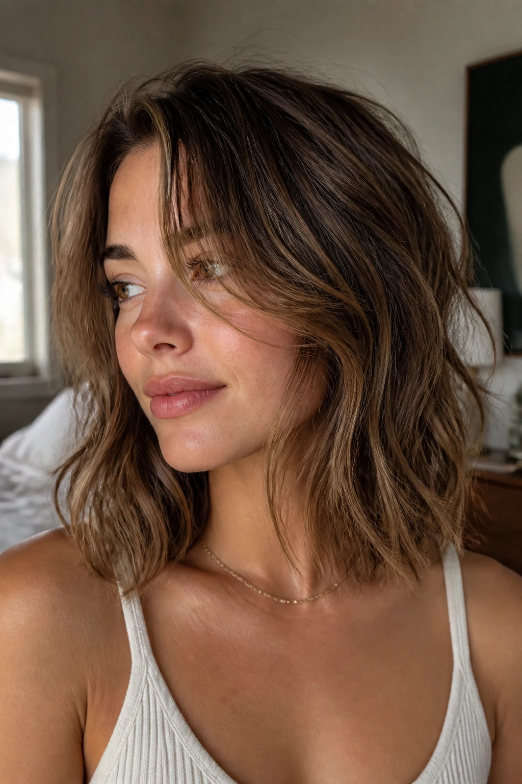 Close-up of a real woman with collarbone-length shag lob showing soft texture