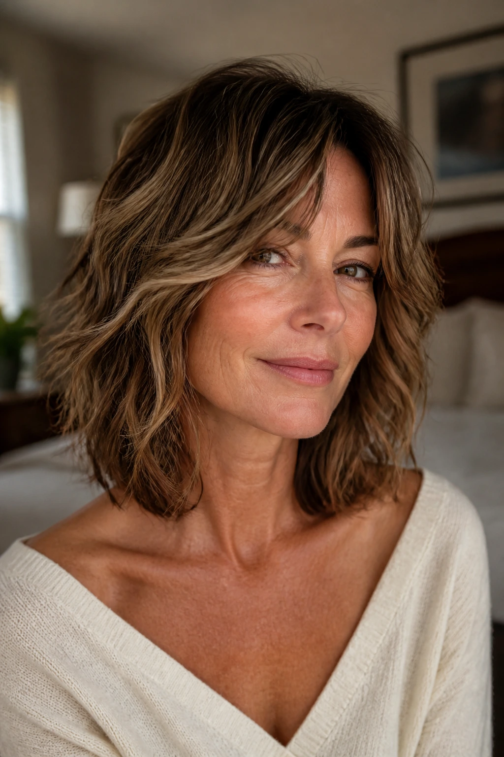 Close-up of a real woman with collarbone-length wavy shag showing layered movement