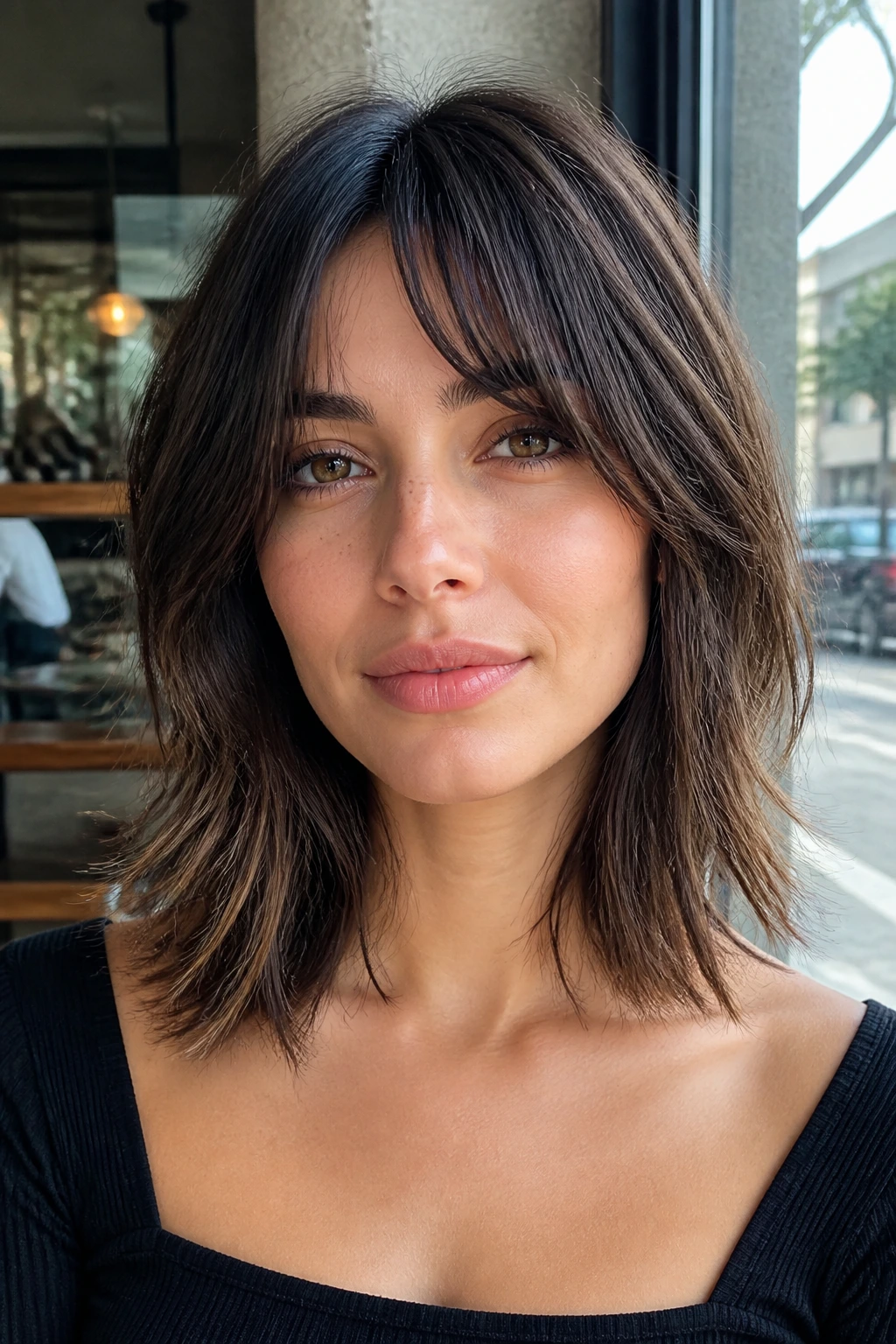 Close-up of collarbone-length shag lob on real person with choppy texture