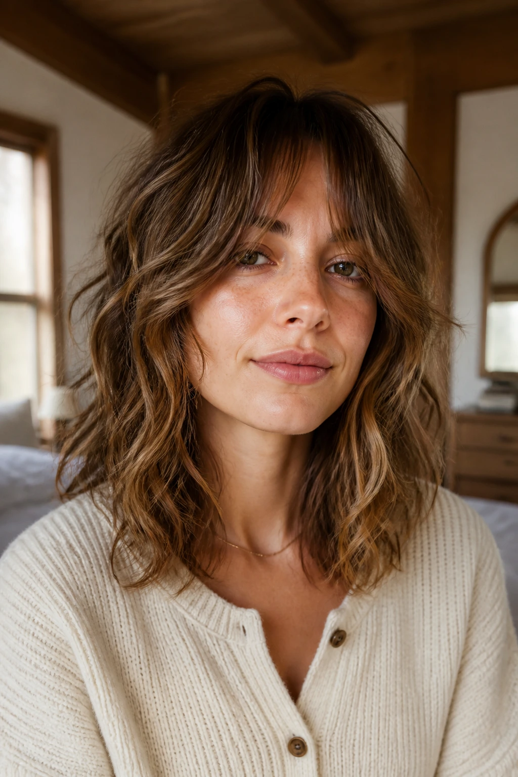 Close-up portrait of a real woman with collarbone-length shag and long fringe in natural bedroom light