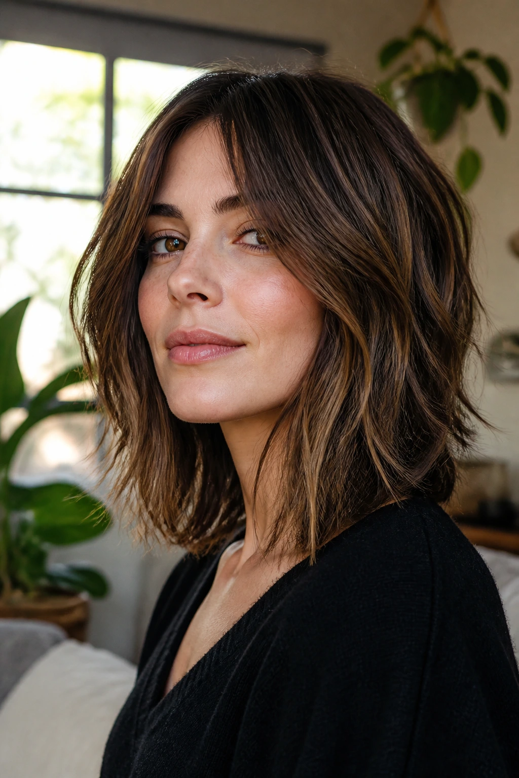 Close-up portrait of a real person with a collarbone-length shag and long layers framing the face in warm window light