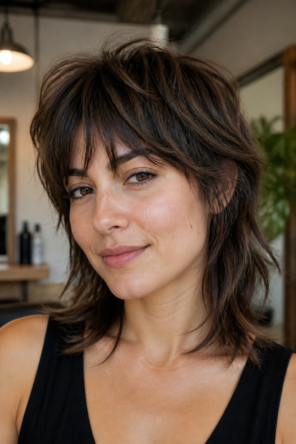Close-up portrait of a real woman with collarbone-length shag mullet and piecey fringe in warm salon light