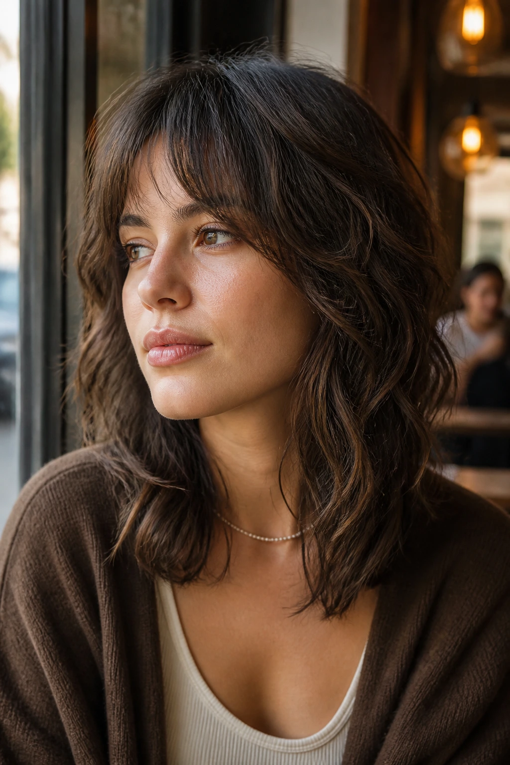 Real person with collarbone-length shag on wavy hair