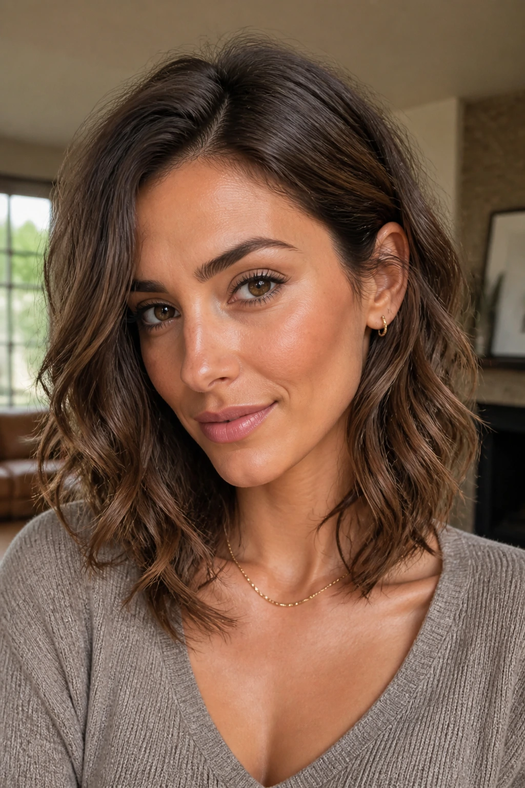 Real woman with collarbone-length shag and soft waves.