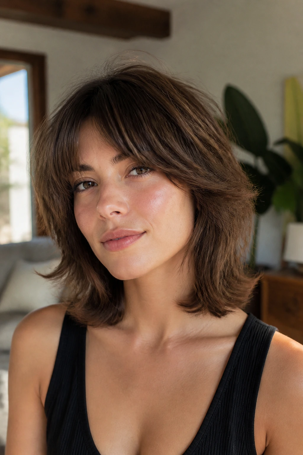 Close-up portrait of a real woman with collarbone-length shag showing soft face-framing layers in warm window light