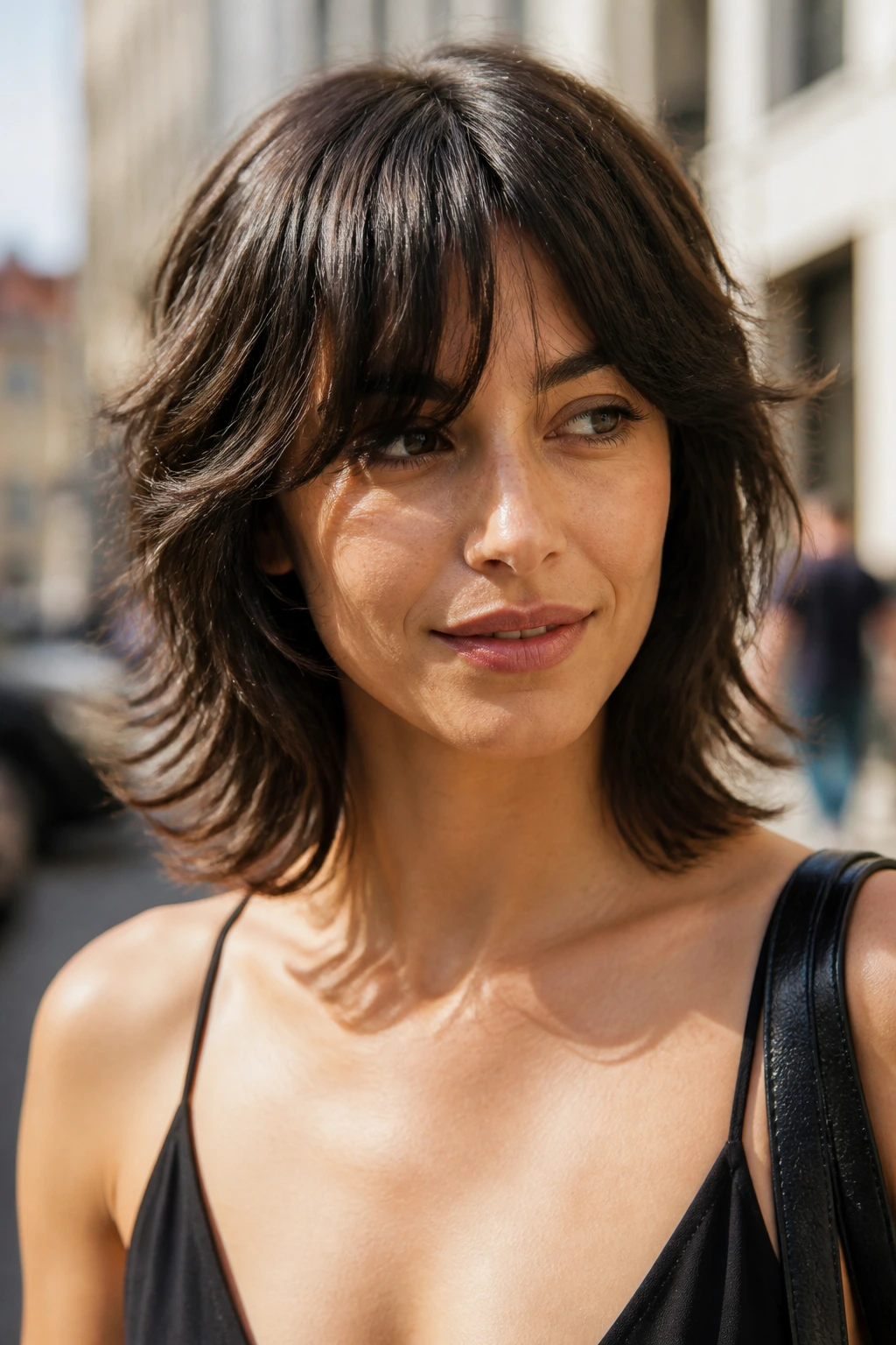 Portrait of a real person with a collarbone-length shag hairstyle featuring soft layers in outdoor daylight