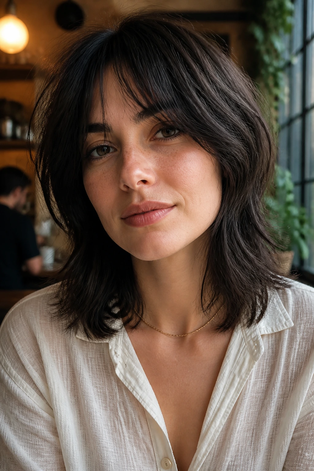 Real woman with collarbone-length razor shag in warm indoor light