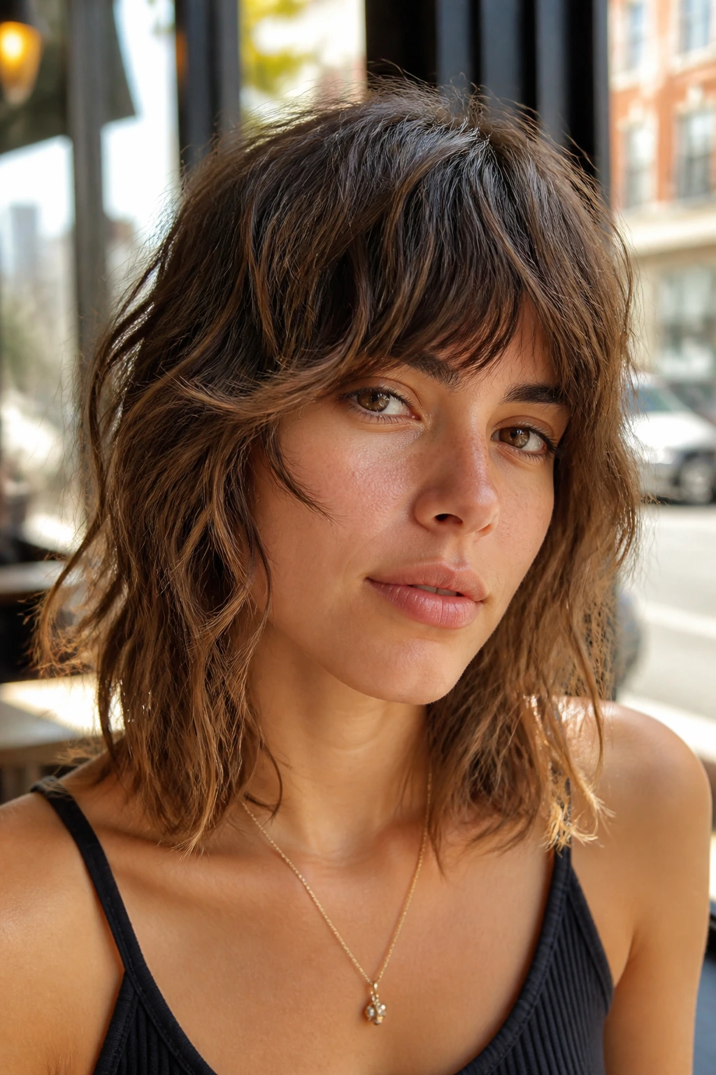 Close-up of collarbone-length shag with razor-cut ends on a real woman in cafe window light