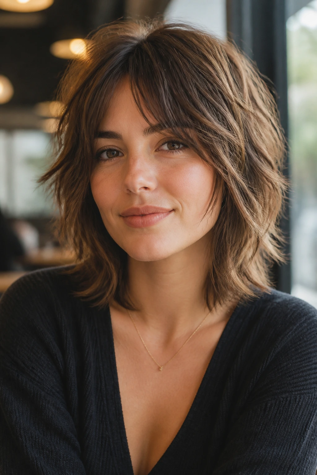 Portrait of a real woman with collarbone short shag and lifted crown
