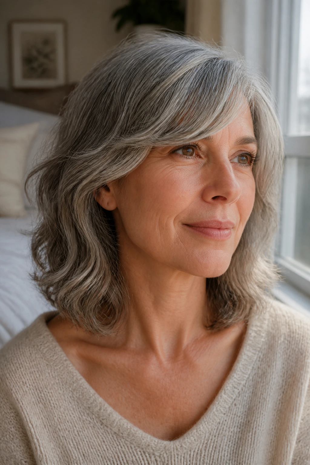 Close-up portrait of a real woman with Collarbone Shag with Side-Swept Bangs on gray hair.