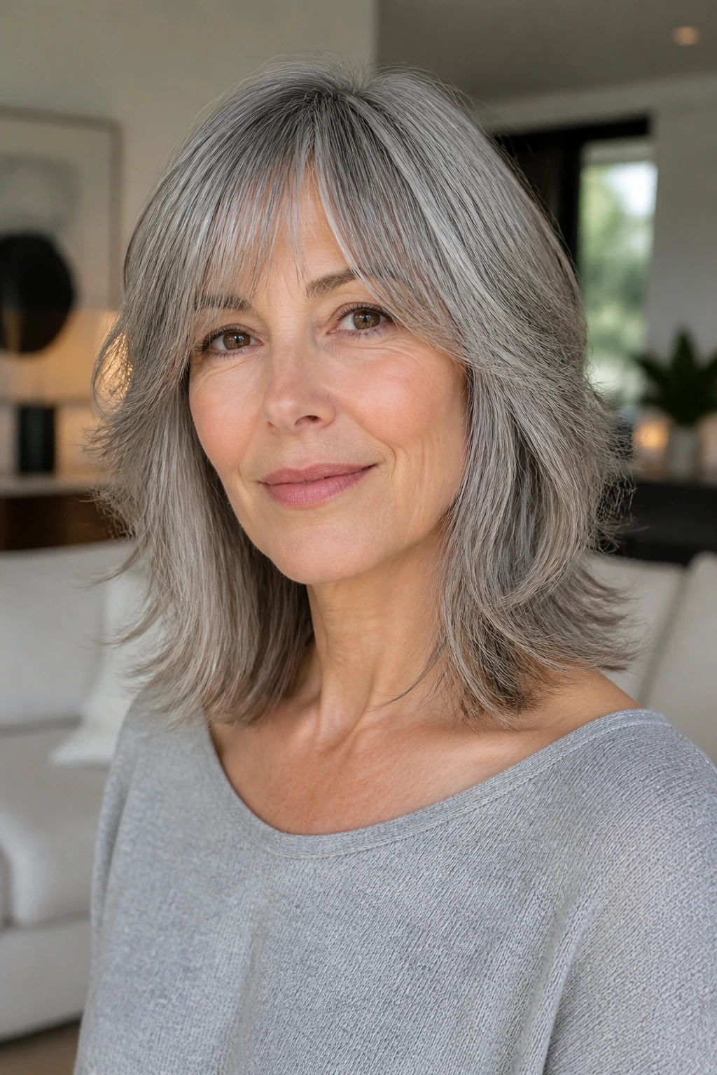 Medium close-up of a woman with collarbone-length shag and airy layers