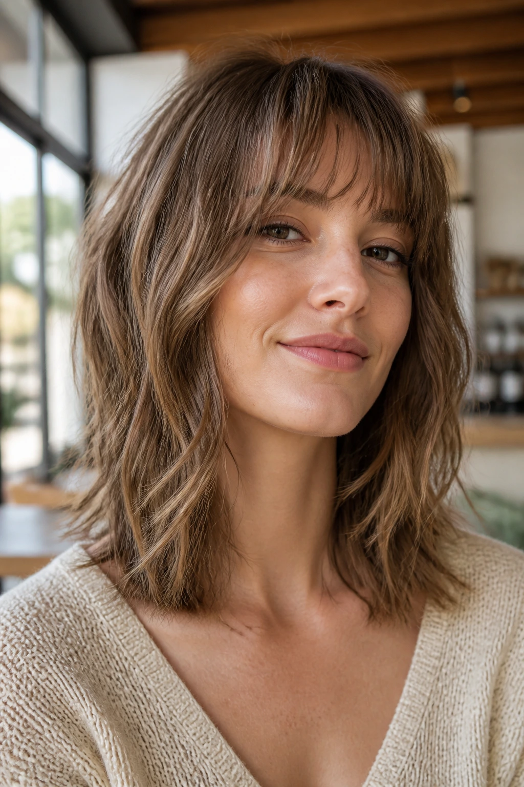 Portrait of a real woman with collarbone-length shag and soft fringe in bright room.