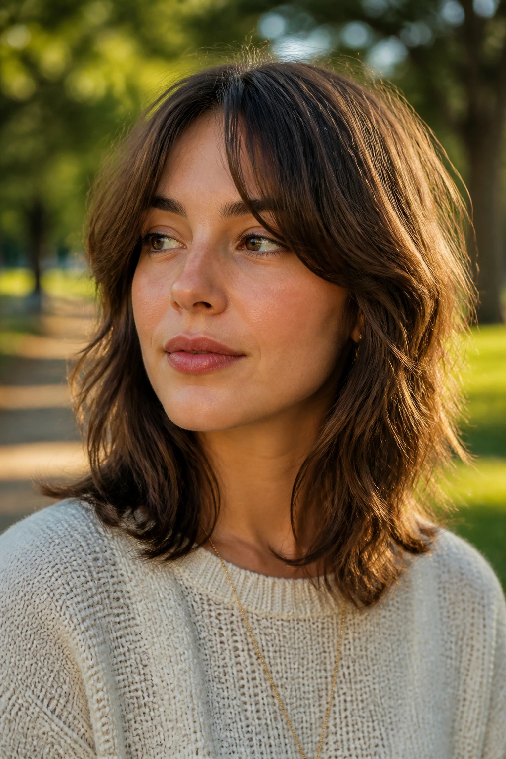 Portrait of a person with collarbone-length shag and split curtain bangs in a park