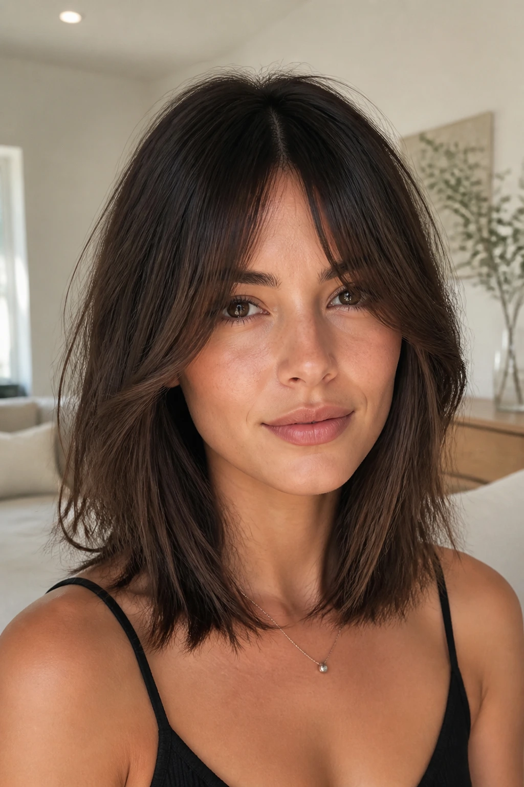 Real woman with collarbone-length shaggy lob and curtain bangs in daylight