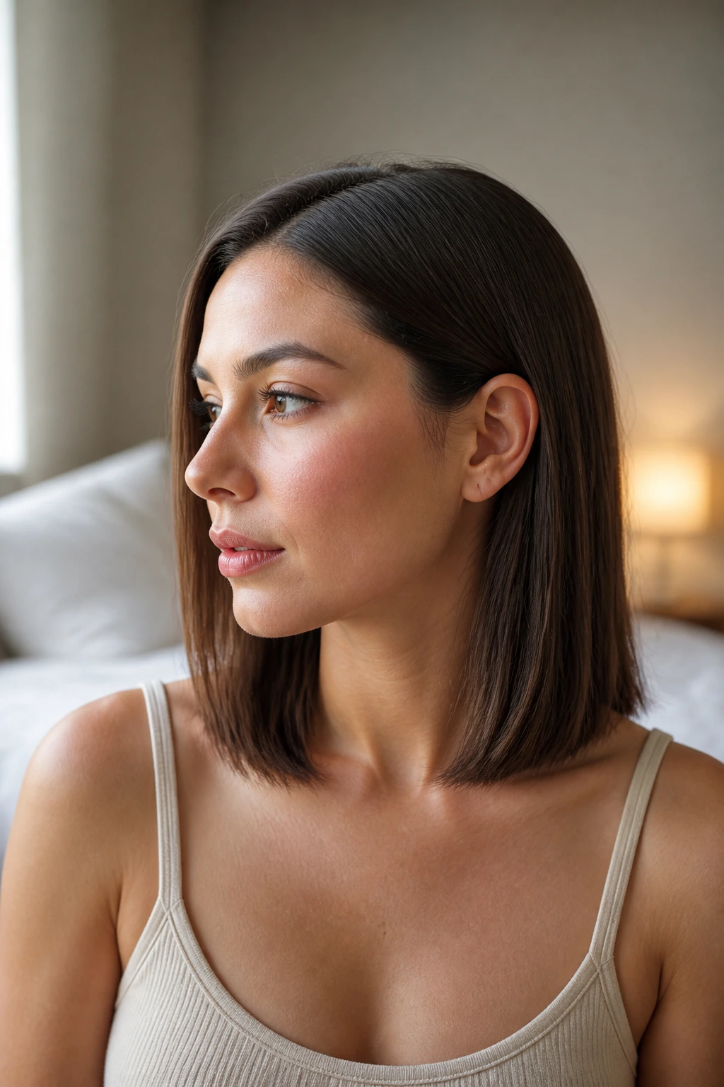 Close-up Collarbone Skimmer hairstyle on a real woman with collarbone-length straight hair in warm natural light
