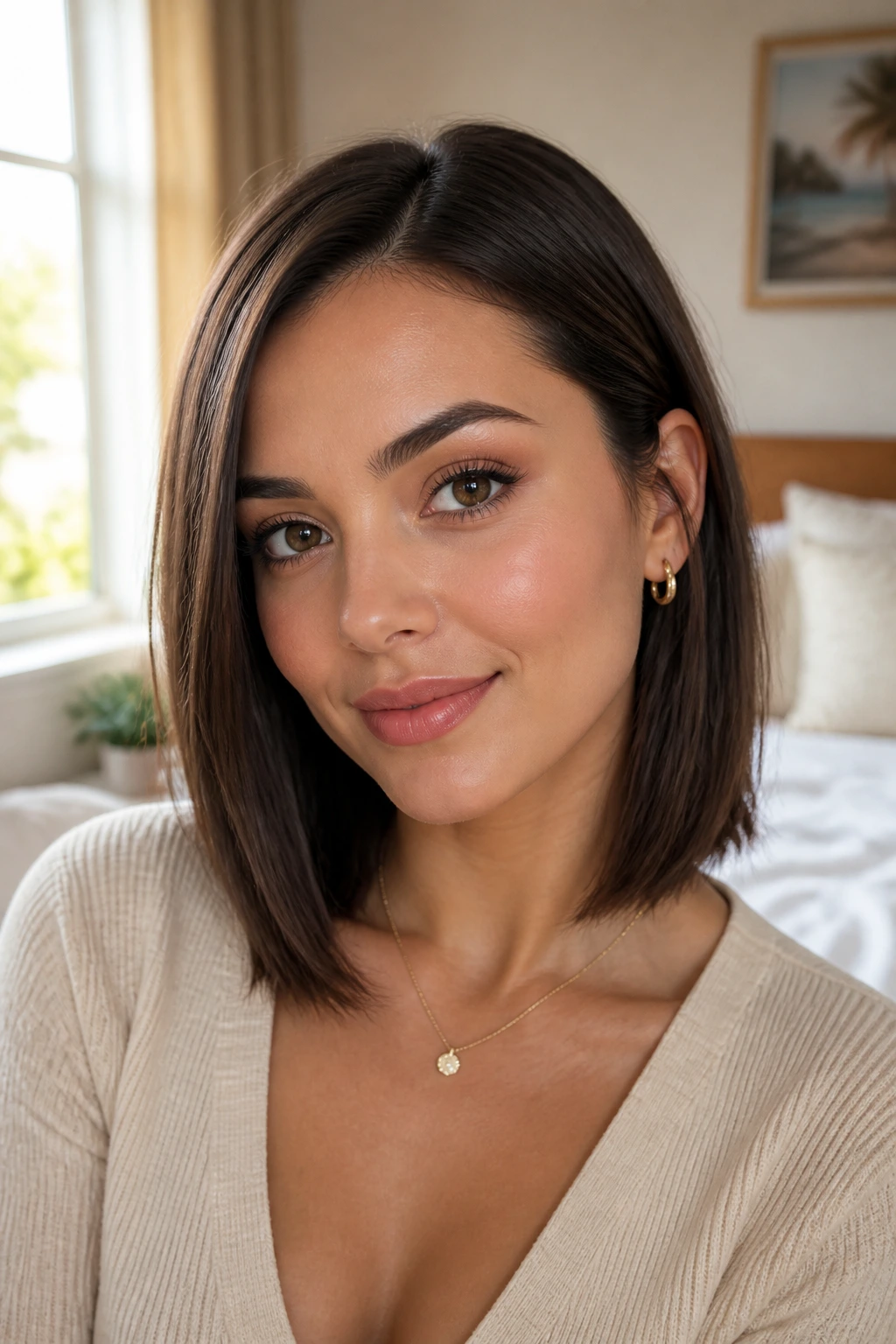 Close-up portrait of a real woman with a collarbone-skimming haircut just below the collarbone