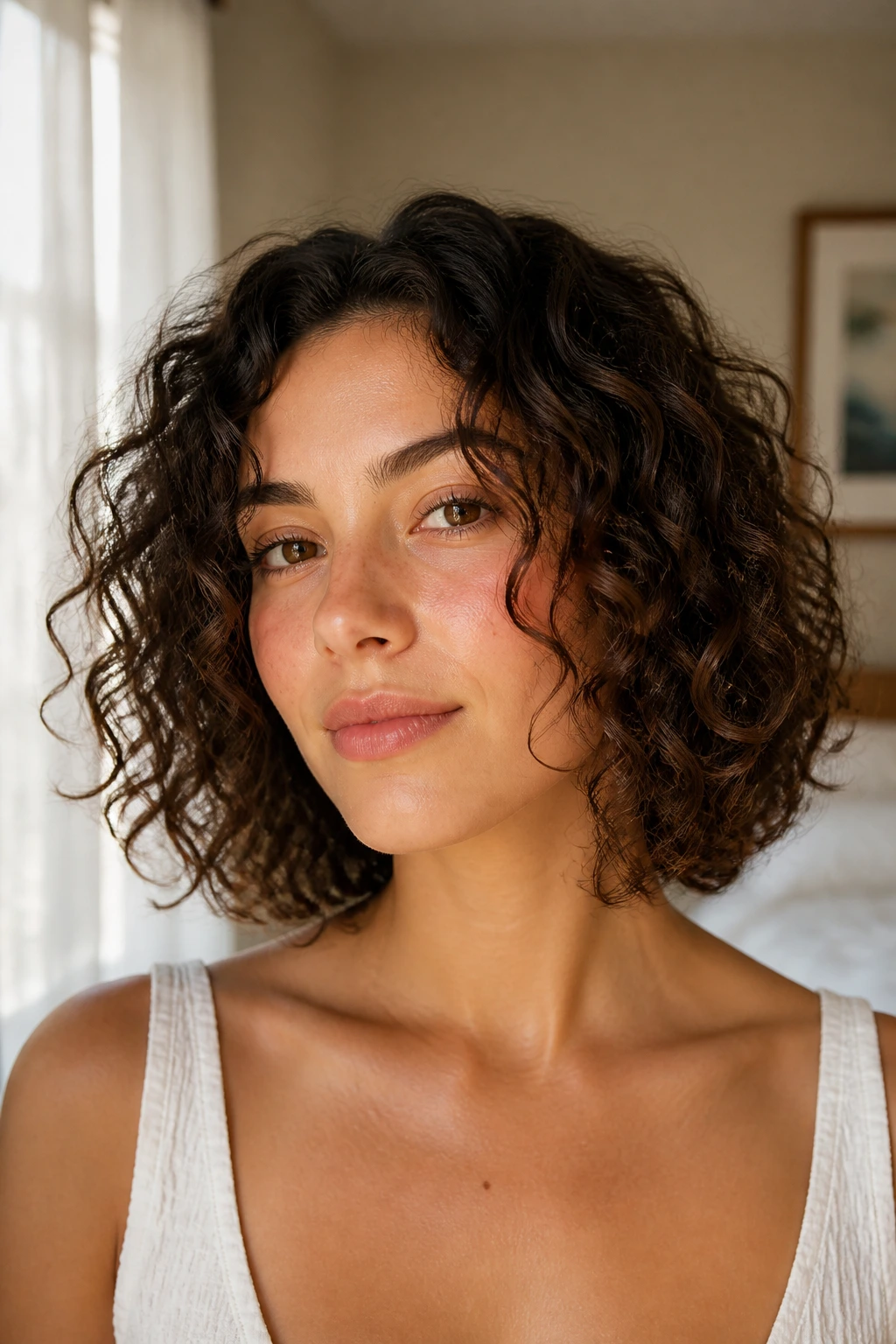 Close-up of a real woman with collarbone-skimming curly lob around the jaw
