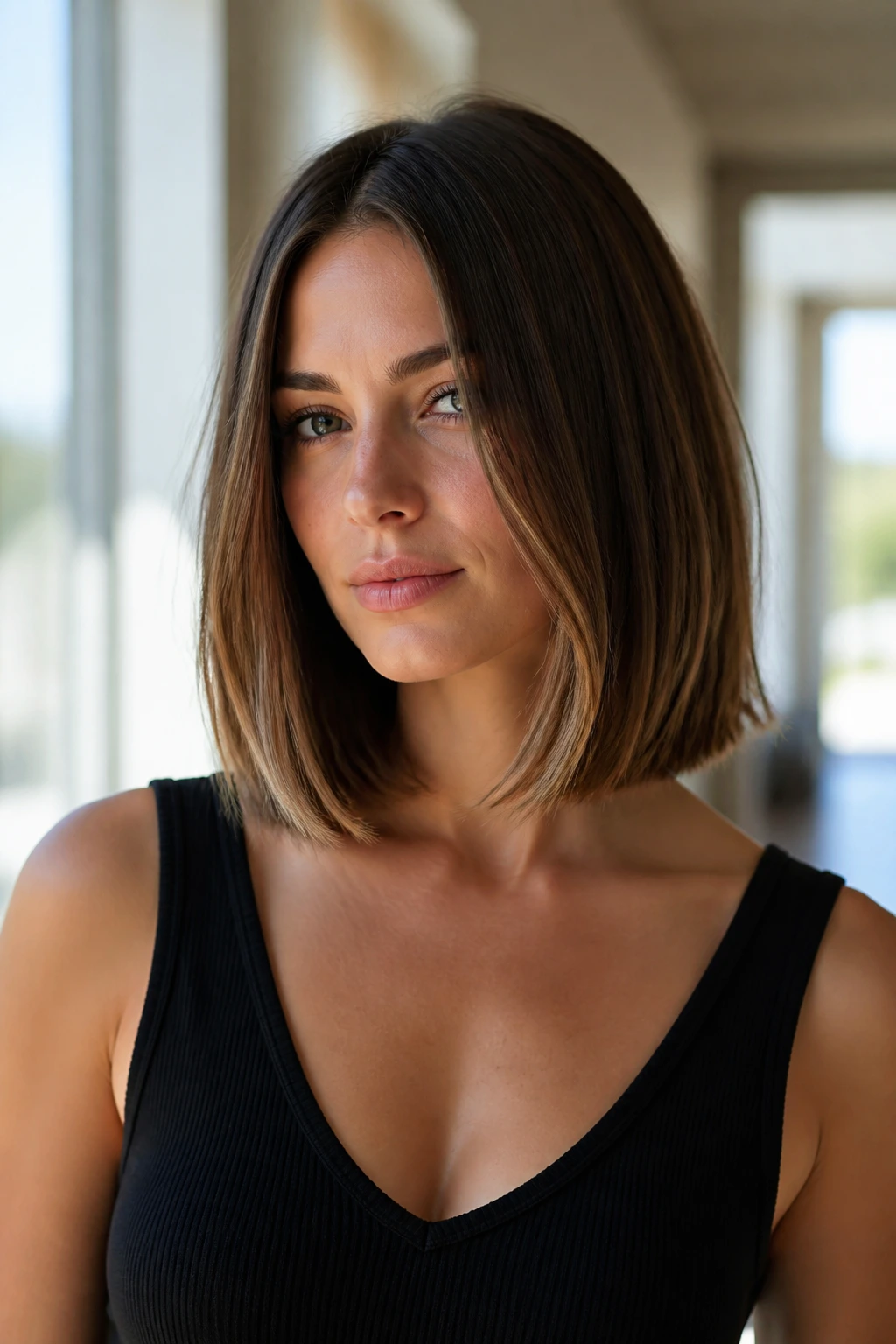 Portrait with collarbone-skimming lob under bright daylight