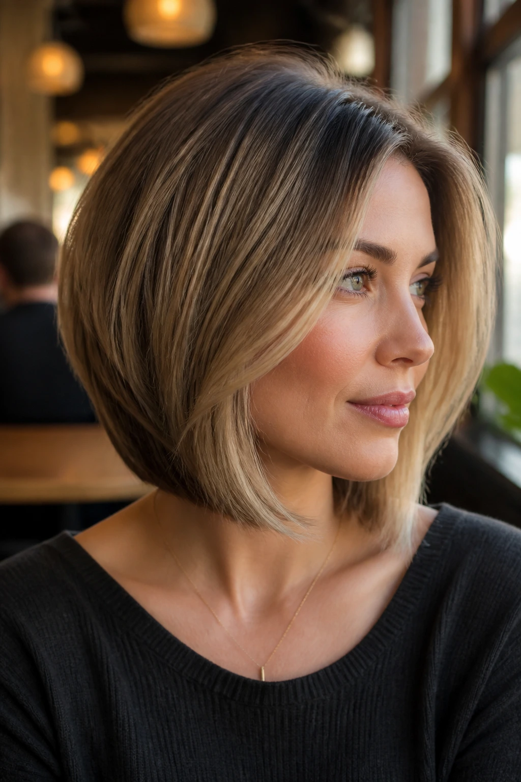 Portrait of a woman with a collarbone-length stacked lob and soft back stack