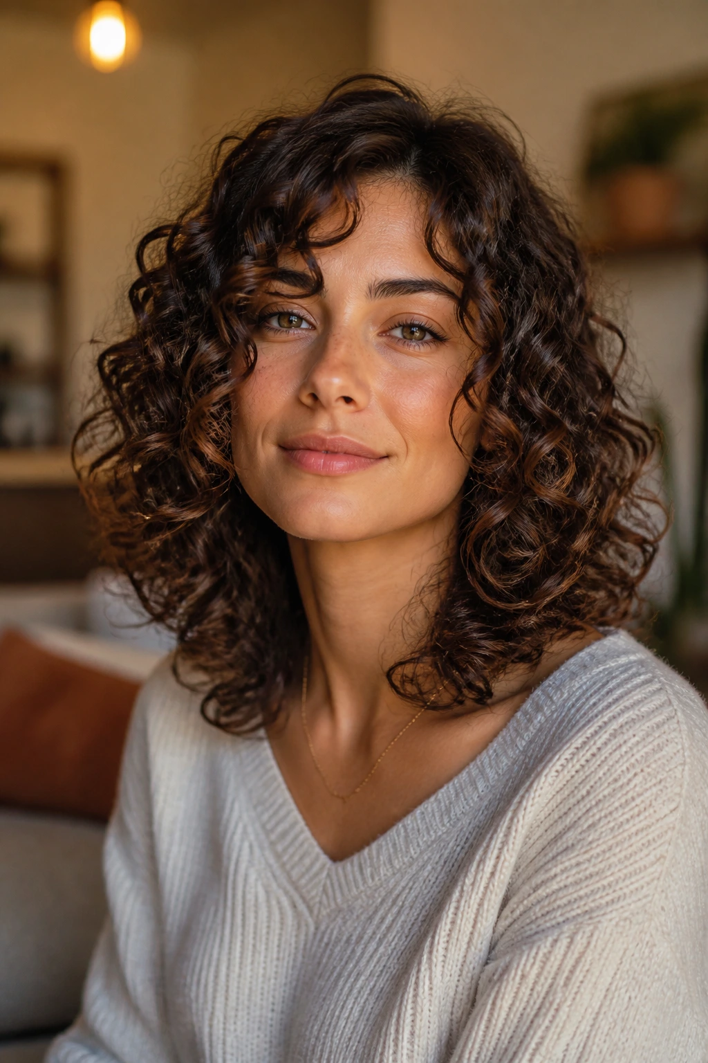 Real person with a longer collarbone sweep curly lob in a warm indoor setting